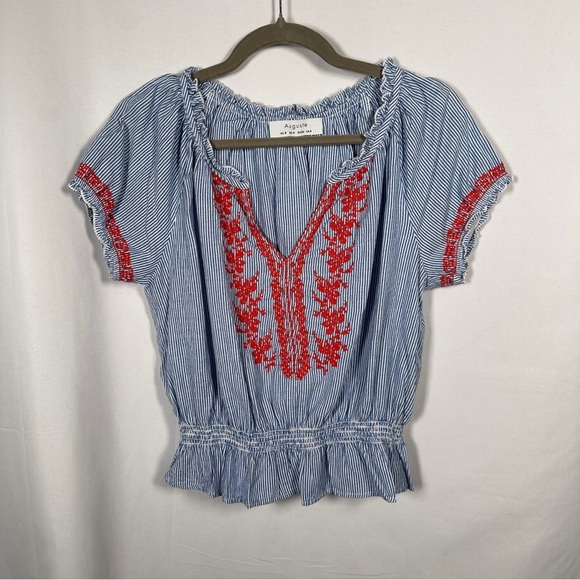 Auguste Cotton Striped Embroidered Boho Peasant Blouse Festival Top Size Small - Picture 6 of 11